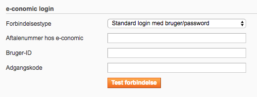 Indstillinger til e-conomic modul Forbindelsestype til e-conomic modul